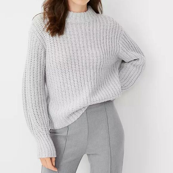 Ann Taylor Metallic Shimmer Mock Neck Chunky Sweater Grey Medium - Picture 1 of 14